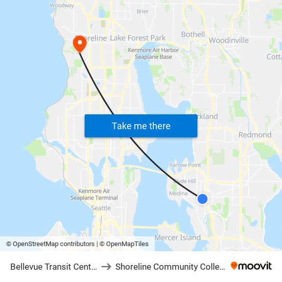 Bellevue Transit Center to Shoreline Community College map