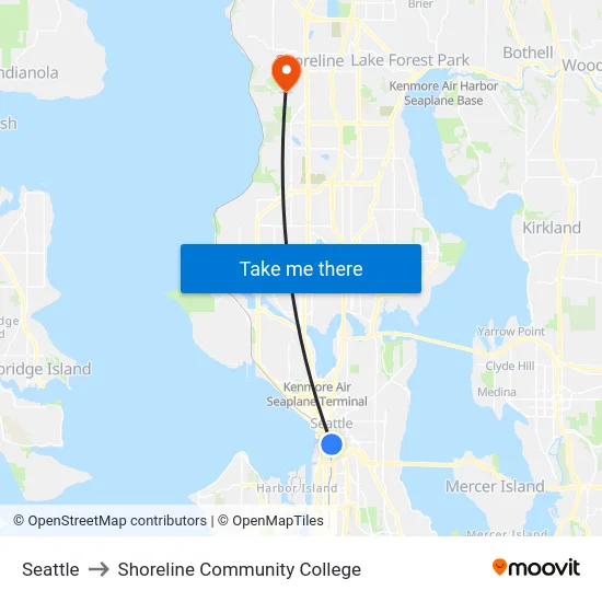 Seattle to Shoreline Community College map
