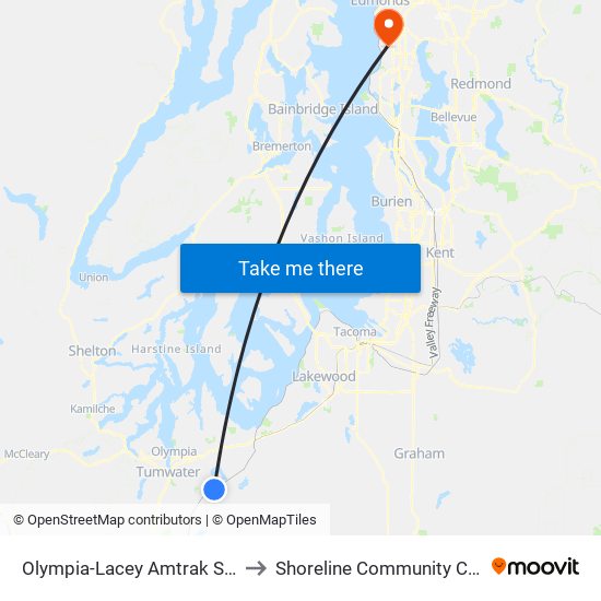 Olympia-Lacey Amtrak Station to Shoreline Community College map