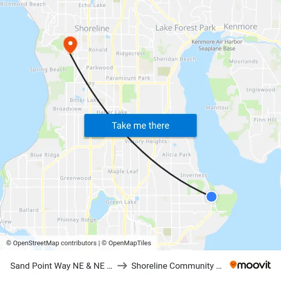 Sand Point Way NE & NE 74th St to Shoreline Community College map