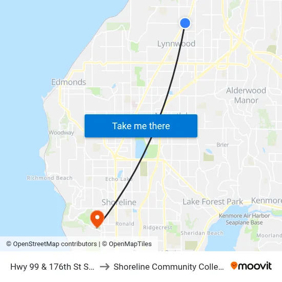 Hwy 99 & 176th St SW to Shoreline Community College map