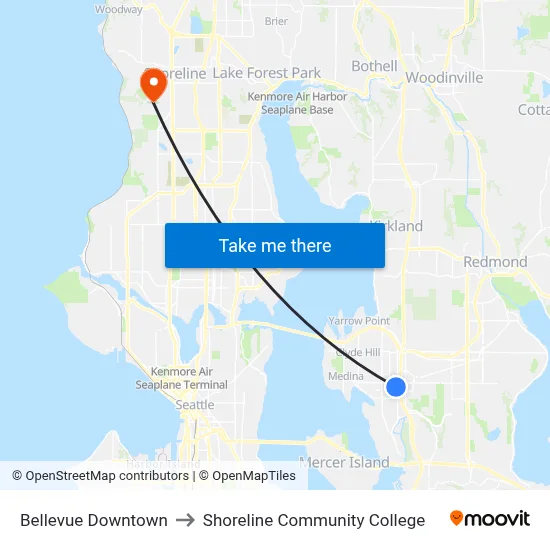 Bellevue Downtown to Shoreline Community College map