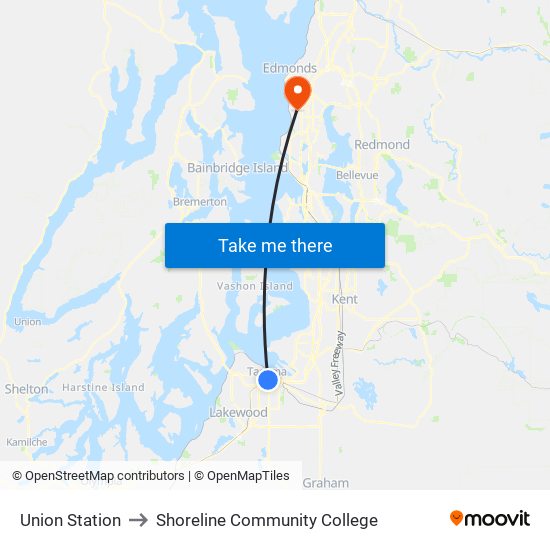 Union Station to Shoreline Community College map