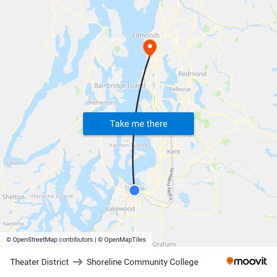 Theater District to Shoreline Community College map