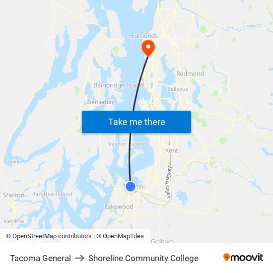 Tacoma General to Shoreline Community College map