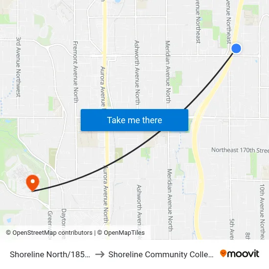 Shoreline North/185th to Shoreline Community College map