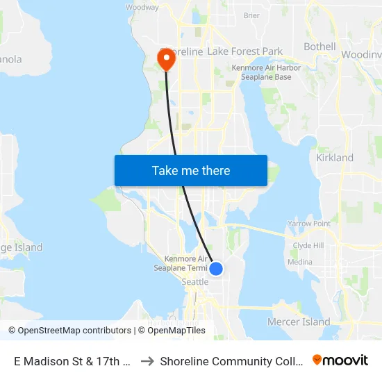 E Madison St & 17th Ave to Shoreline Community College map