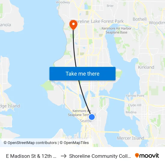 E Madison St & 12th Ave to Shoreline Community College map