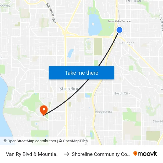Van Ry Blvd & Mountlake Dr to Shoreline Community College map