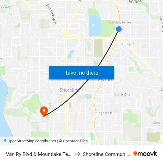 Van Ry Blvd & Terrace Station to Shoreline Community College map
