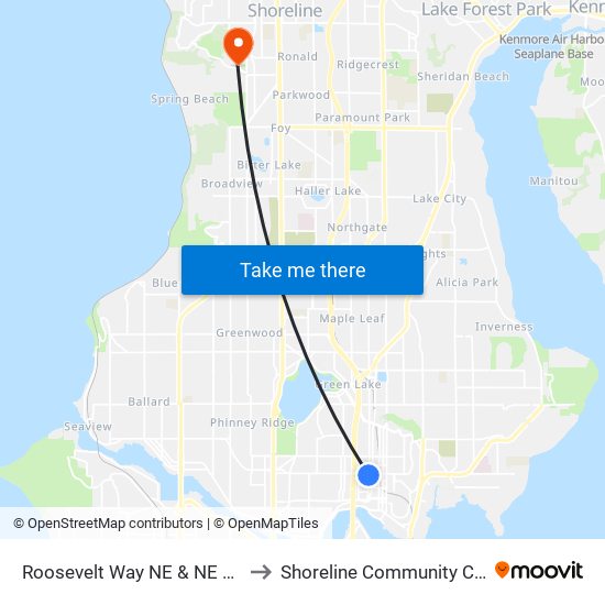 Roosevelt Way NE & NE 45th St to Shoreline Community College map