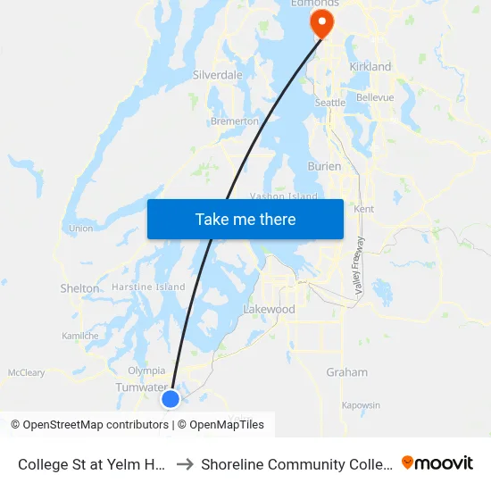 College St at Yelm Hwy to Shoreline Community College map