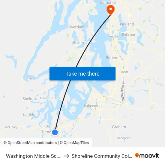 Washington Middle School to Shoreline Community College map