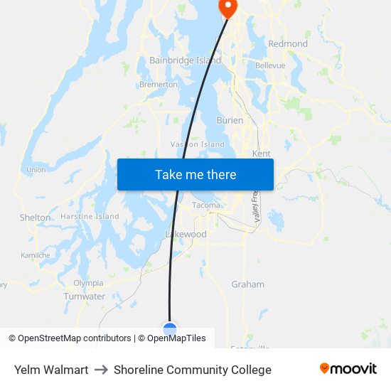 Yelm Walmart to Shoreline Community College map