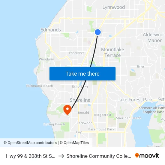 Hwy 99 & 208th St SW to Shoreline Community College map