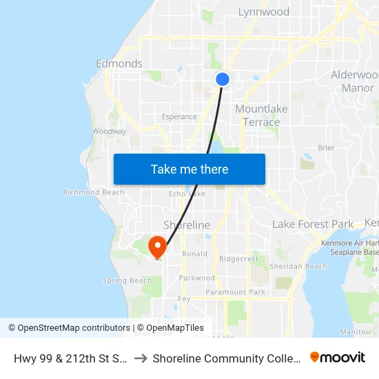Hwy 99 & 212th St SW to Shoreline Community College map