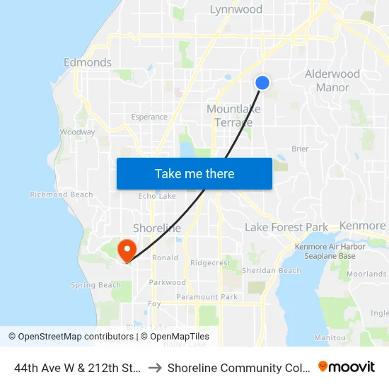 44th Ave W & 212th St SW to Shoreline Community College map