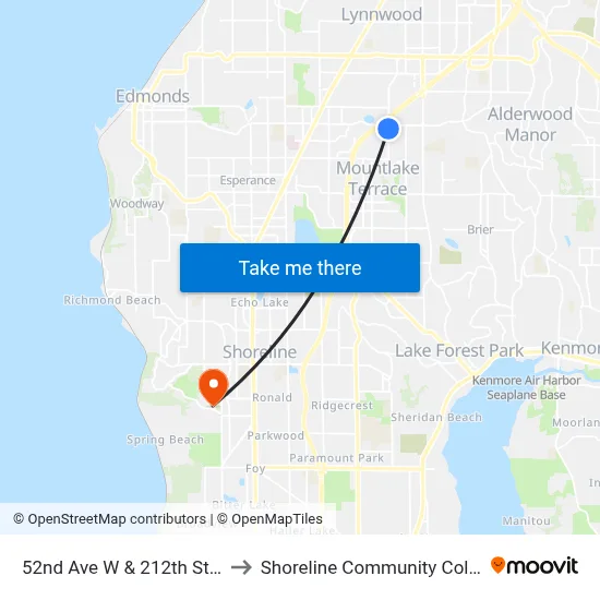 52nd Ave W & 212th St SW to Shoreline Community College map