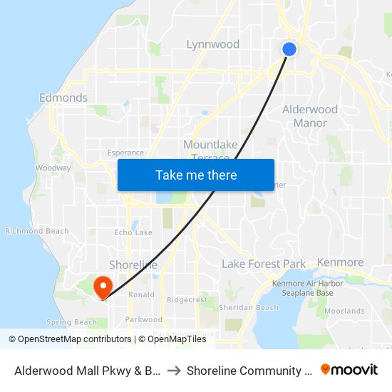 Alderwood Mall Pkwy & Beech Rd to Shoreline Community College map