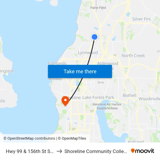 Hwy 99 & 156th St SW to Shoreline Community College map