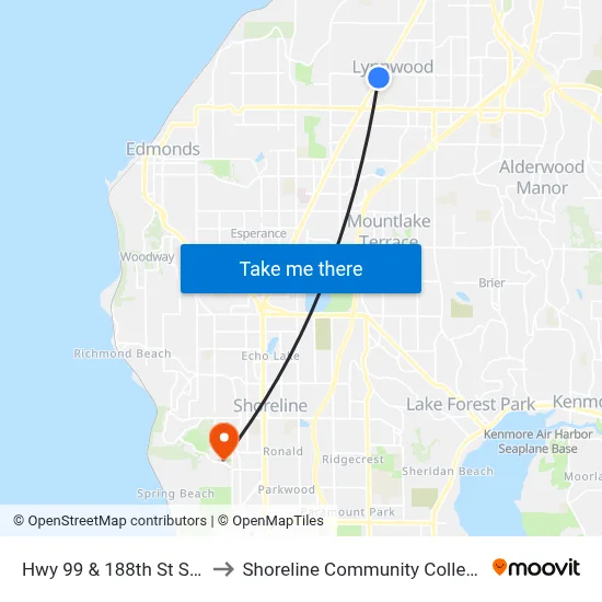 Hwy 99 & 188th St SW to Shoreline Community College map