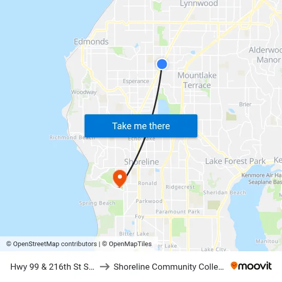Hwy 99 & 216th St SW to Shoreline Community College map
