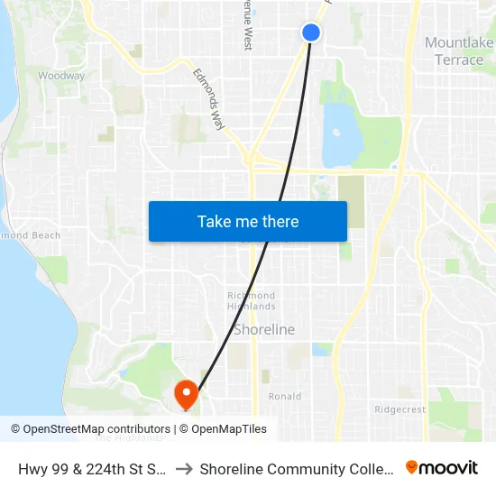 Hwy 99 & 224th St SW to Shoreline Community College map