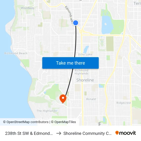 238th St SW & Edmonds Way to Shoreline Community College map