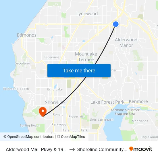 Alderwood Mall Pkwy & 196th St SW to Shoreline Community College map