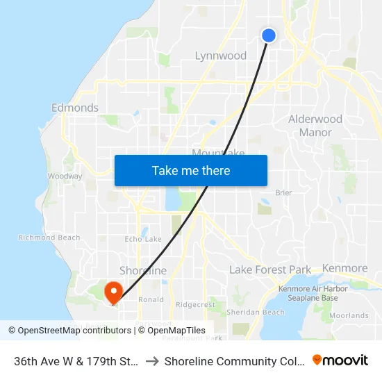 36th Ave W & 179th St SW to Shoreline Community College map