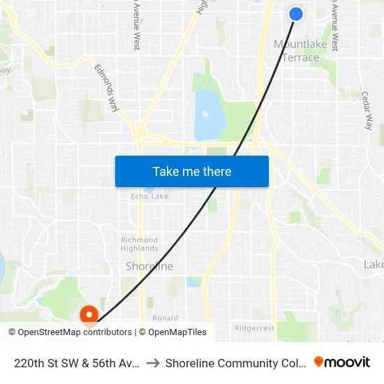 220th St SW & 56th Ave W to Shoreline Community College map
