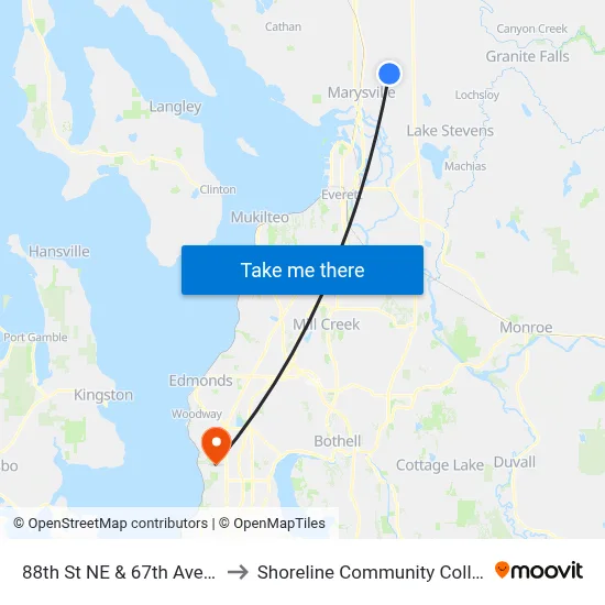 88th St NE & 67th Ave NE to Shoreline Community College map
