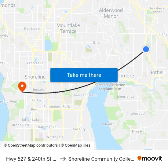 Hwy 527 & 240th St SE to Shoreline Community College map