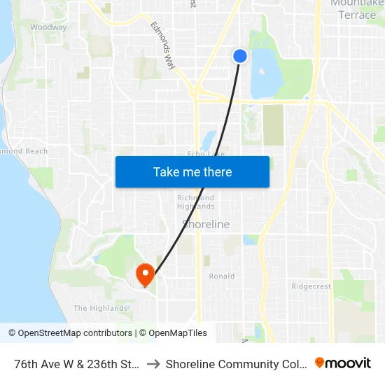 76th Ave W & 236th St SW to Shoreline Community College map
