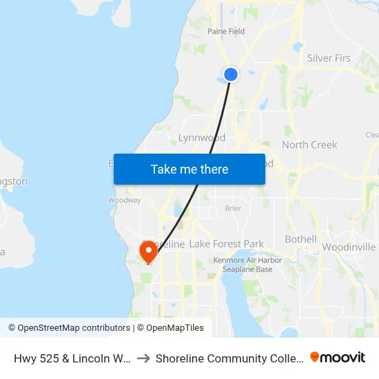 Hwy 525 & Lincoln Way to Shoreline Community College map