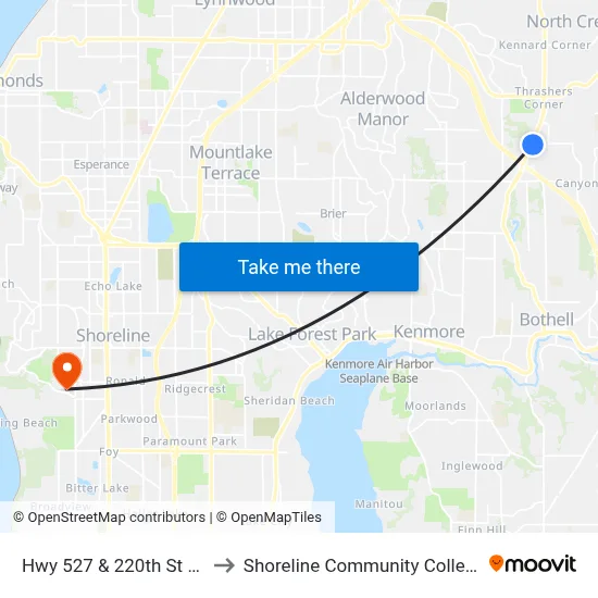 Hwy 527 & 220th St SE to Shoreline Community College map