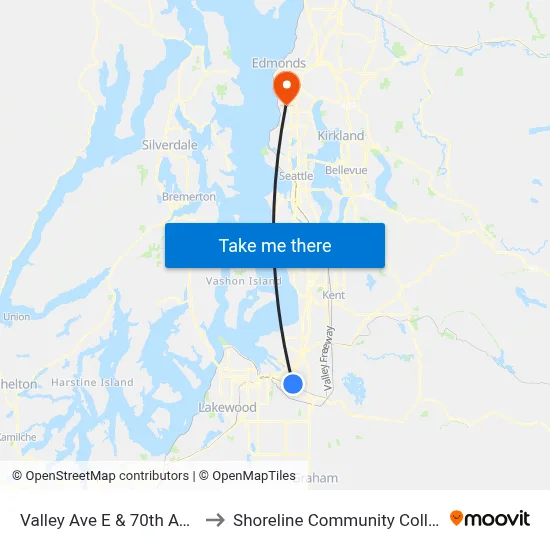 Valley Ave E & 70th Ave E to Shoreline Community College map