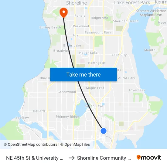 NE 45th St & University Way NE to Shoreline Community College map