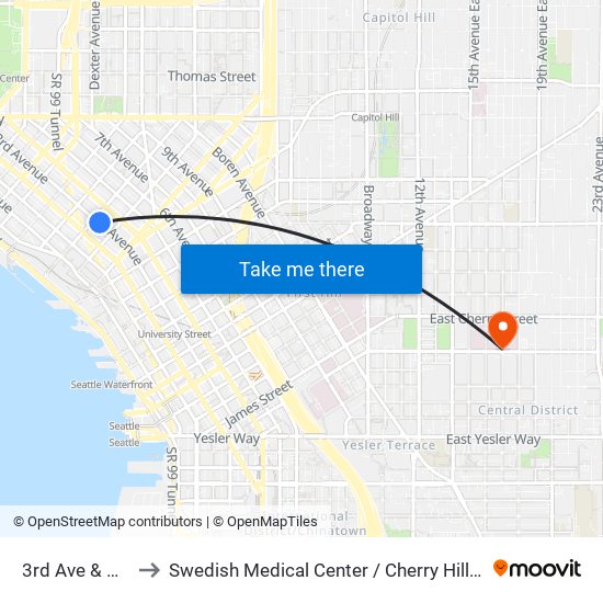 3rd Ave & Virginia St to Swedish Medical Center / Cherry Hill Campus. James Tower map