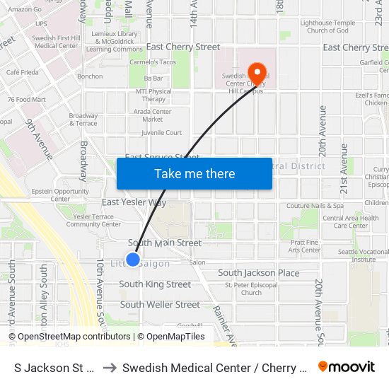 S Jackson St & 12th Ave S to Swedish Medical Center / Cherry Hill Campus. James Tower map