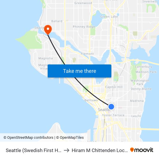Seattle (Swedish First Hill) to Hiram M Chittenden Locks map
