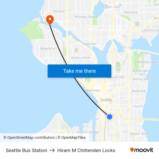 Seattle Bus Station to Hiram M Chittenden Locks map