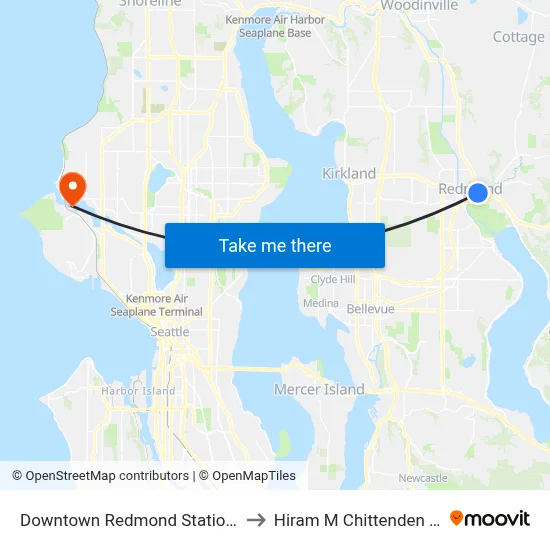 Downtown Redmond Station Bay 2 to Hiram M Chittenden Locks map
