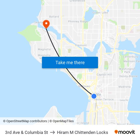 3rd Ave & Columbia St to Hiram M Chittenden Locks map