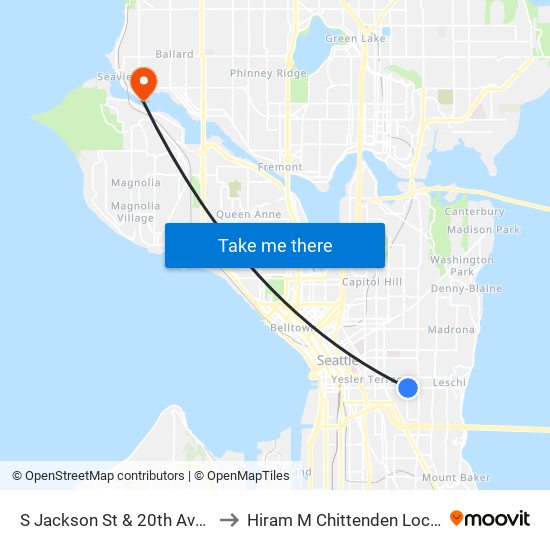 S Jackson St & 20th Ave S to Hiram M Chittenden Locks map