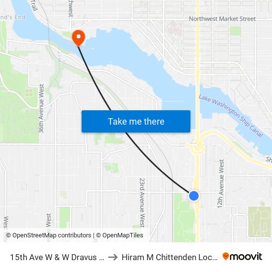 15th Ave W & W Dravus St to Hiram M Chittenden Locks map