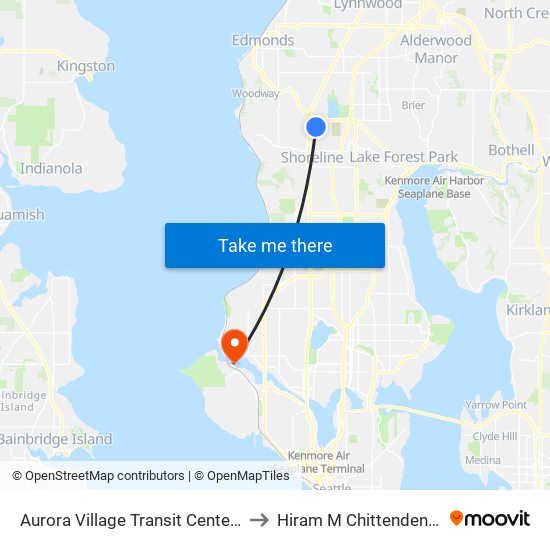 Aurora Village Transit Center - Bay 3 to Hiram M Chittenden Locks map