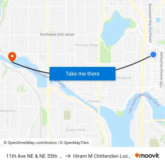 11th Ave NE & NE 55th St to Hiram M Chittenden Locks map