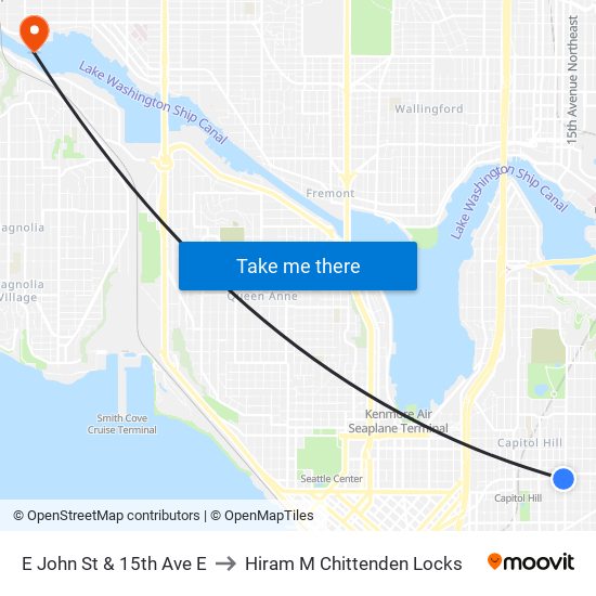 E John St & 15th Ave E to Hiram M Chittenden Locks map