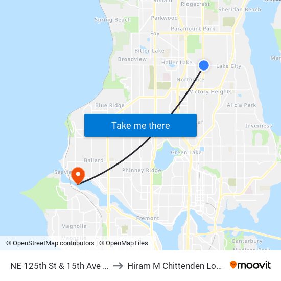 NE 125th St & 15th Ave NE to Hiram M Chittenden Locks map